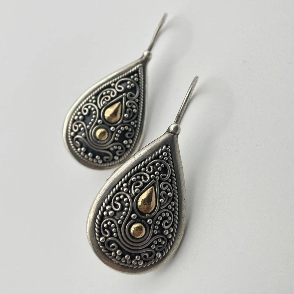 BA Suarti Sterling Silver 18K Gold Bali Teardrop Earrings Designer Balinese